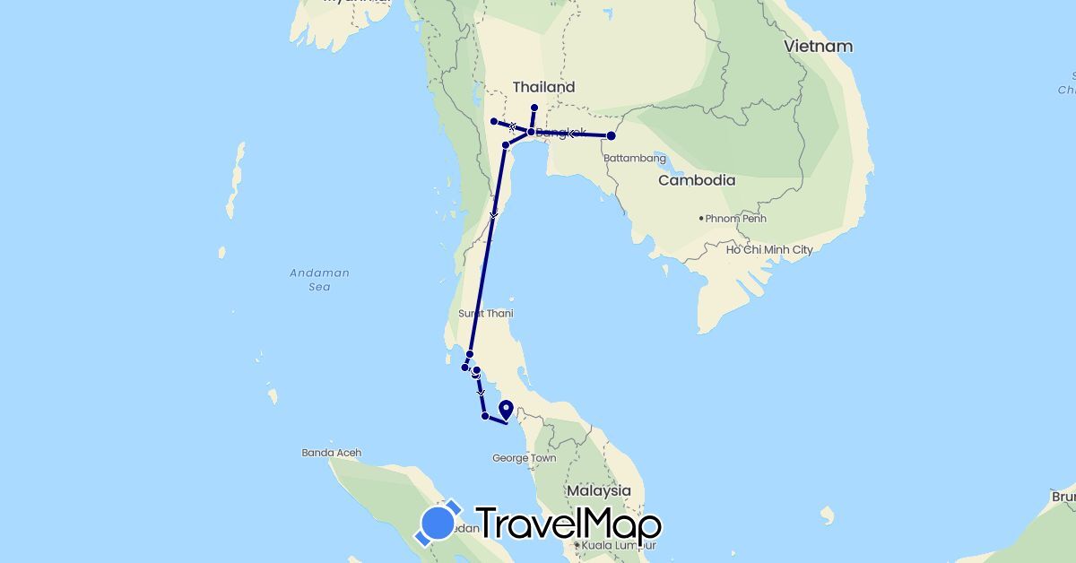 TravelMap itinerary: driving in Cambodia, Malaysia, Thailand (Asia)